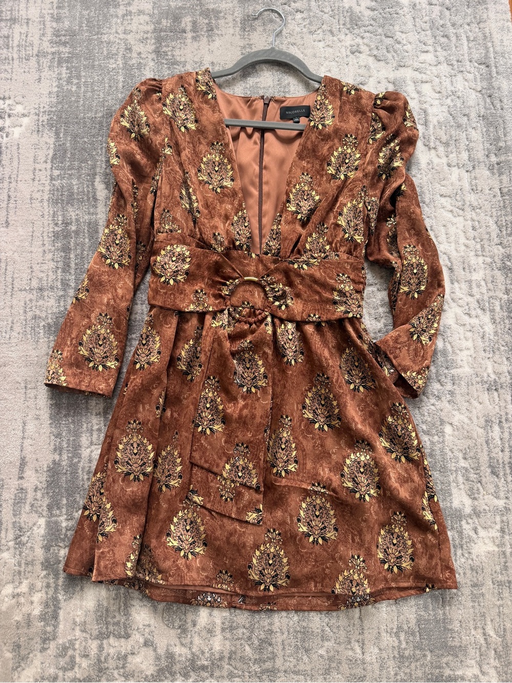 MAJORELLE Copper Brown Velvet Floral Belted Mini Dress